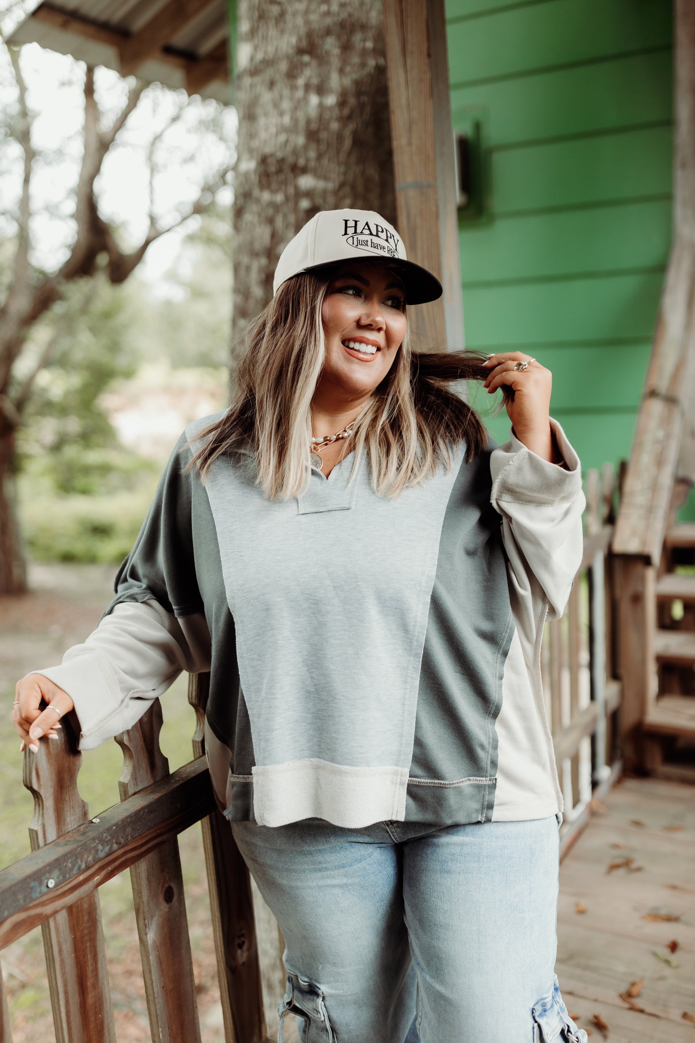 Heather Grey Combo Notch Neck Long Sleeve Top