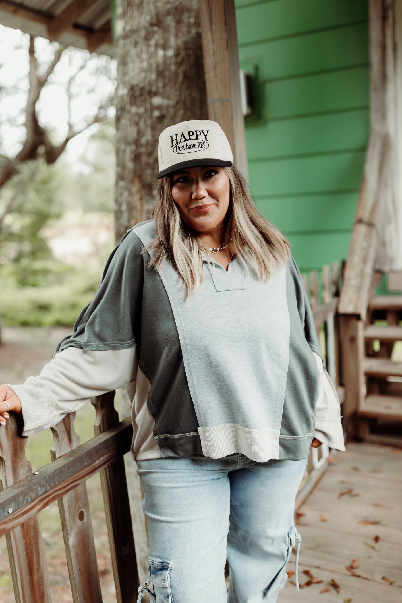 Heather Grey Combo Notch Neck Long Sleeve Top