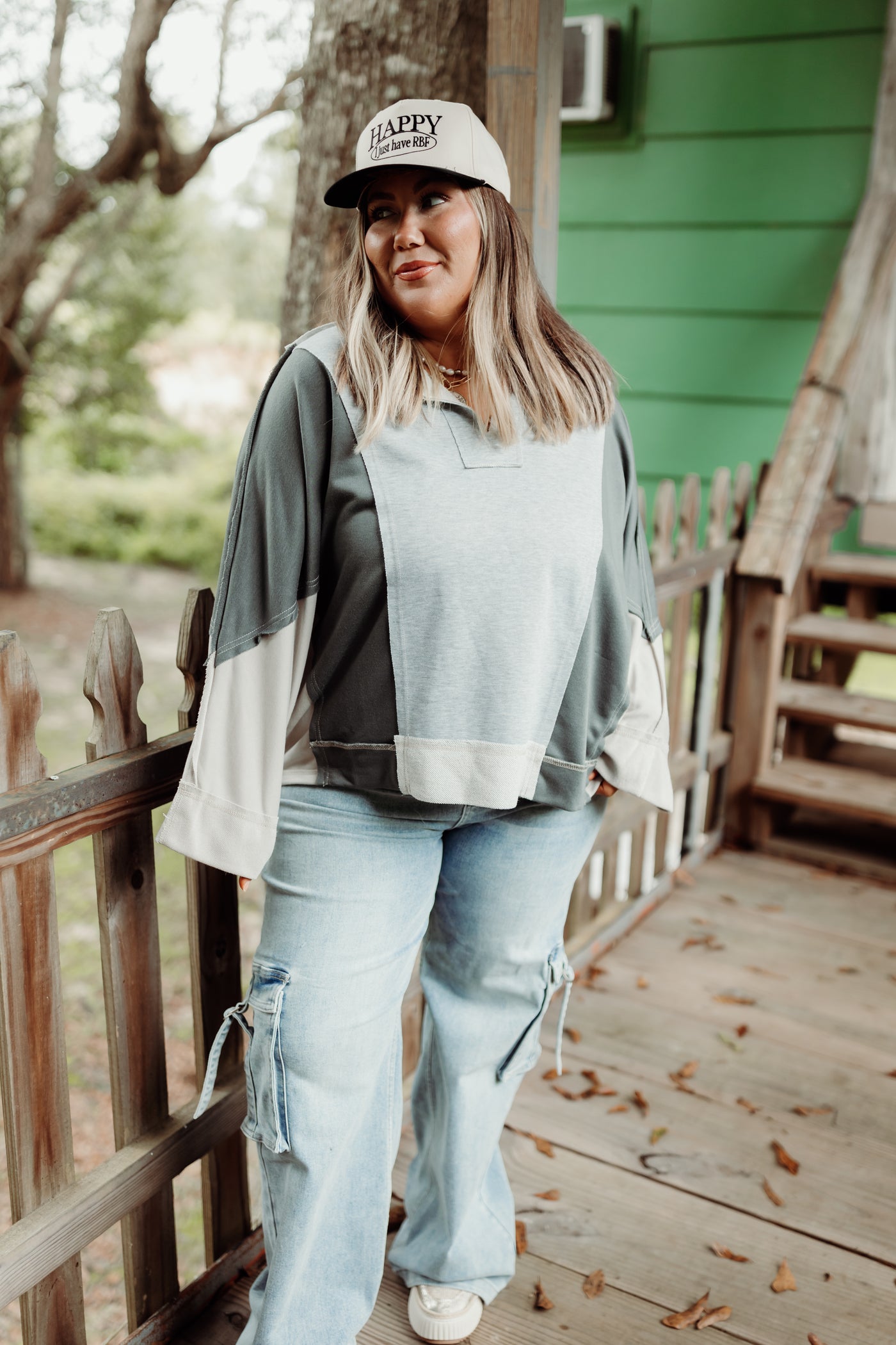 Heather Grey Combo Notch Neck Long Sleeve Top