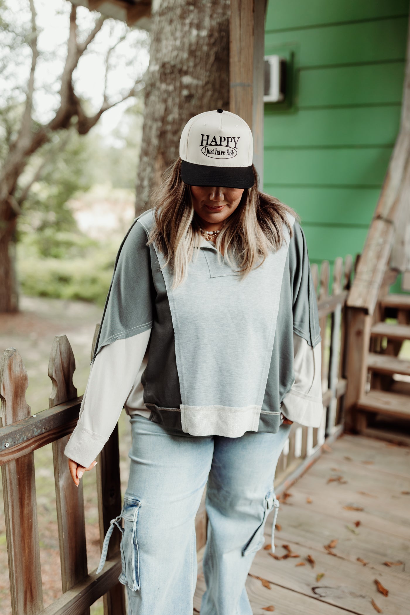 Heather Grey Combo Notch Neck Long Sleeve Top