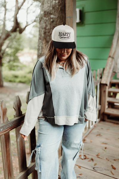 Heather Grey Combo Notch Neck Long Sleeve Top