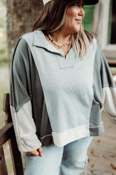 Heather Grey Combo Notch Neck Long Sleeve Top