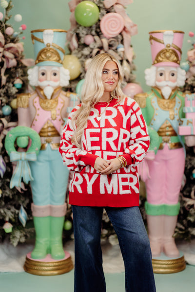 Red and White Merry Oversized Sweater