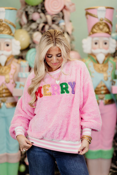 Candy Pink Rhinestone Merry Fuzzy Sweater