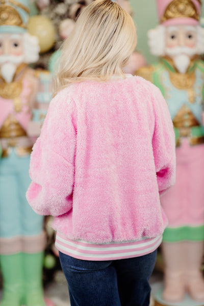 Candy Pink Rhinestone Merry Fuzzy Sweater