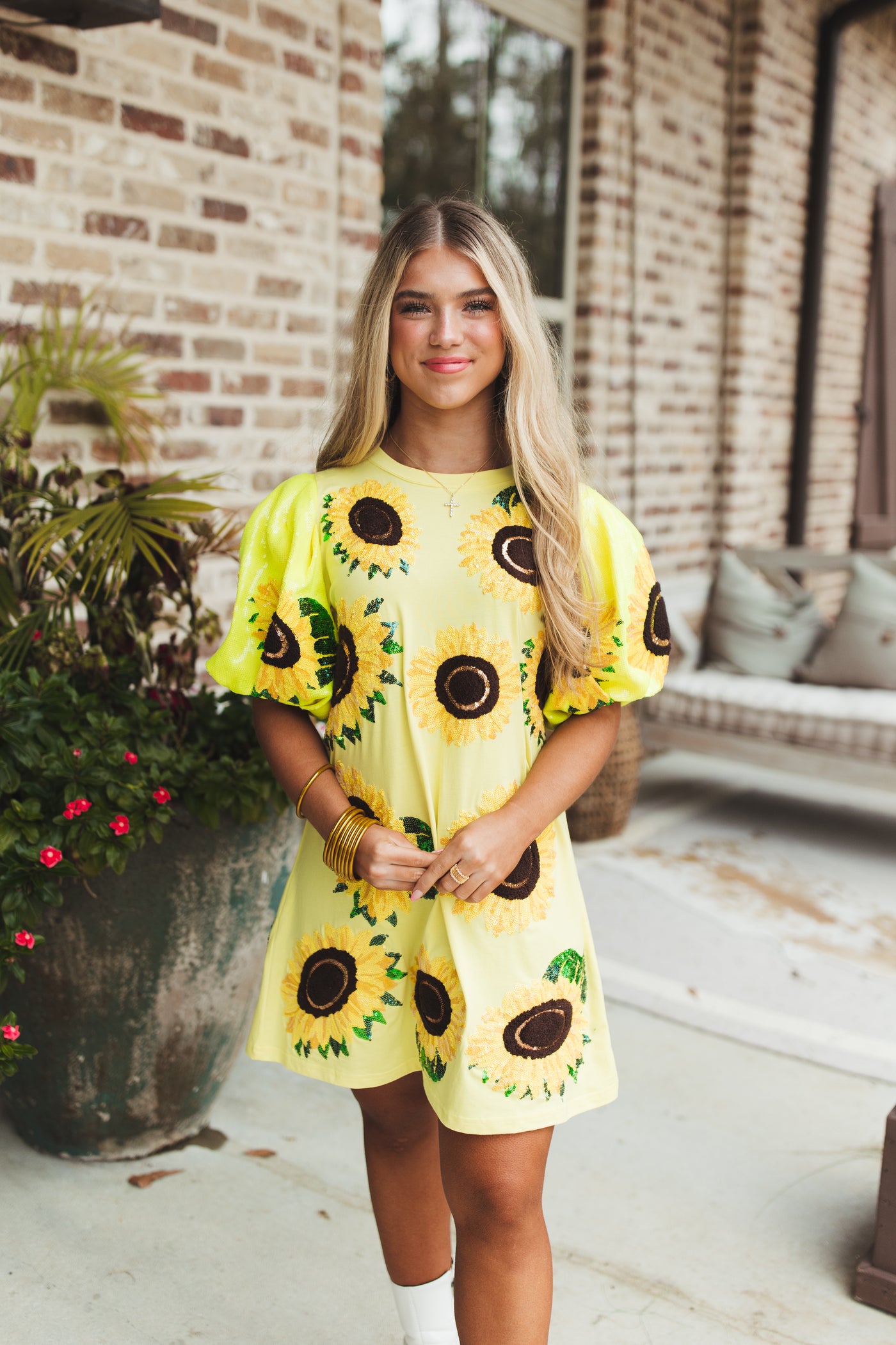 Queen Of Sparkles Yellow Sunflower Poof Sleeve Tee Dress