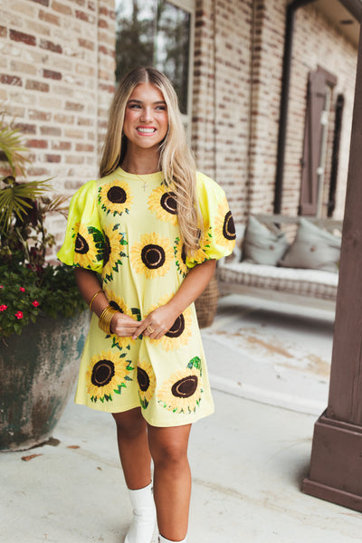 Queen Of Sparkles Yellow Sunflower Poof Sleeve Tee Dress