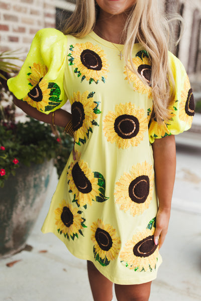 Queen Of Sparkles Yellow Sunflower Poof Sleeve Tee Dress