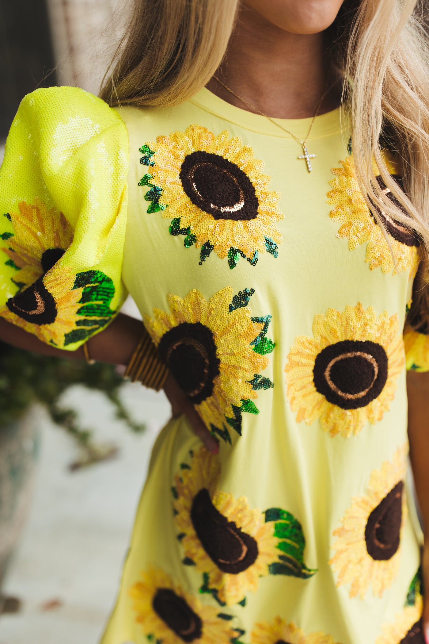 Queen Of Sparkles Yellow Sunflower Poof Sleeve Tee Dress