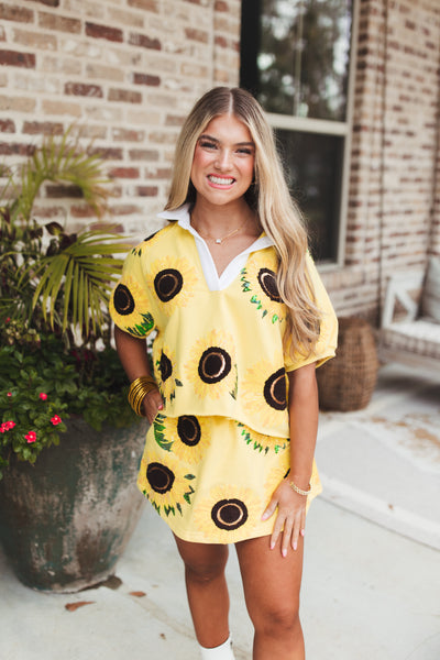 Queen Of Sparkles Yellow Sunflower Collar Top