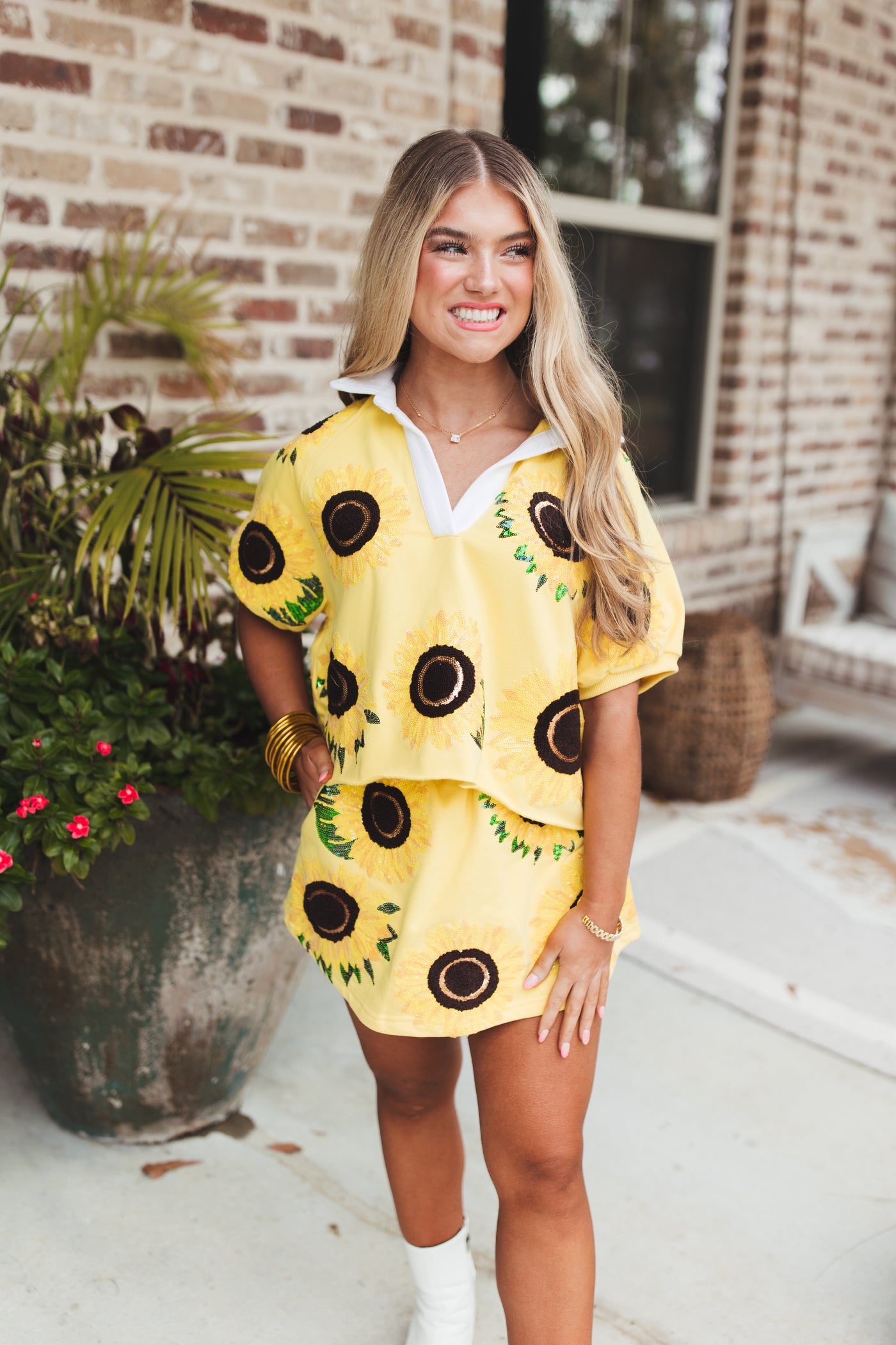 Queen Of Sparkles Yellow Sunflower Collar Top