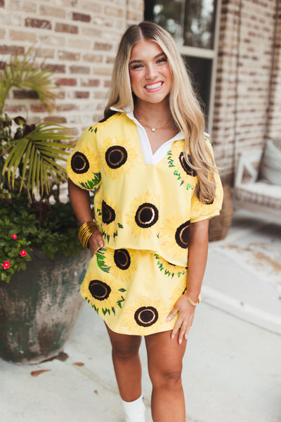 Queen Of Sparkles Yellow Sunflower Collar Top