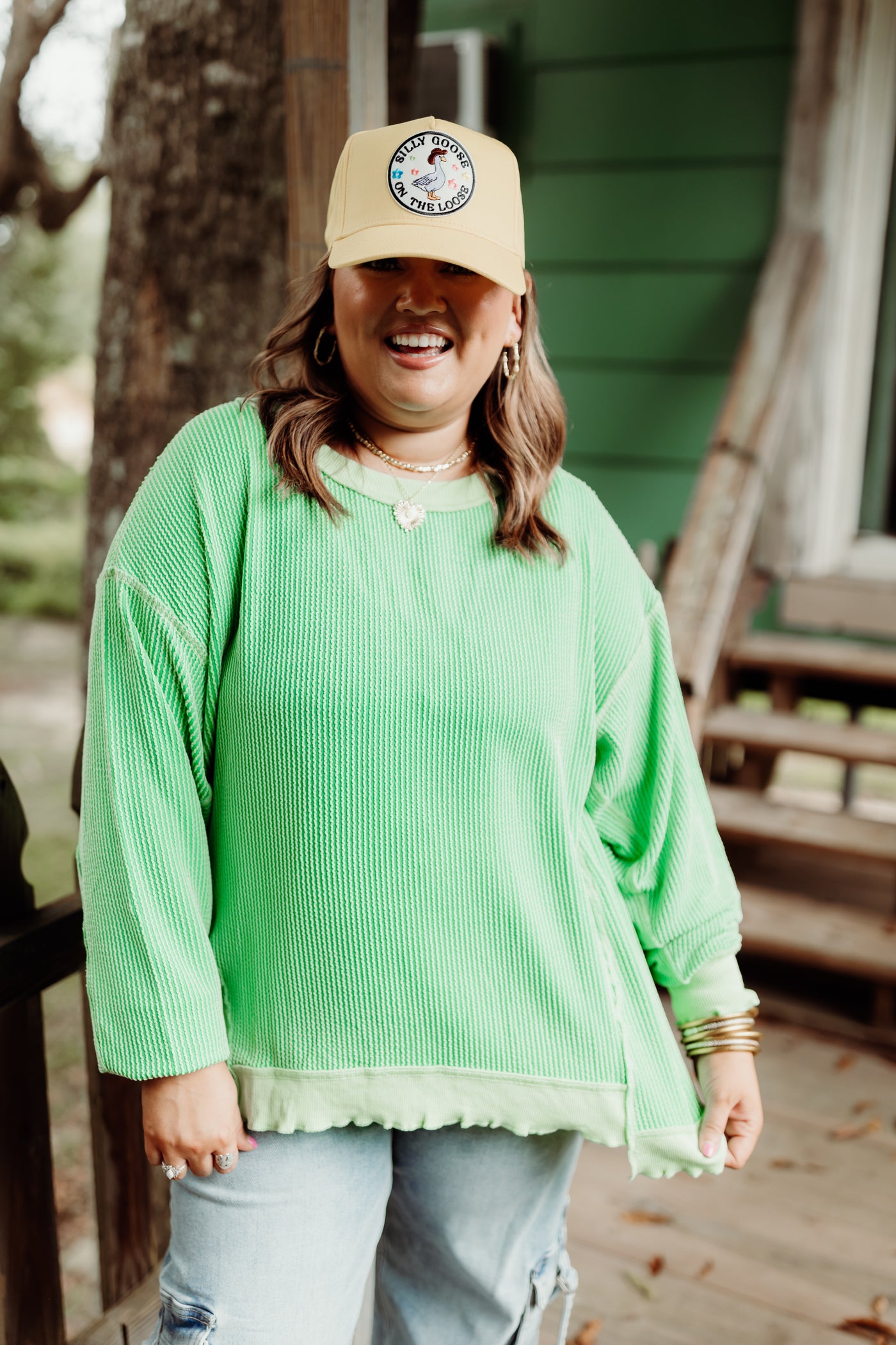 Green Ribbed Lettuce Trim Pullover