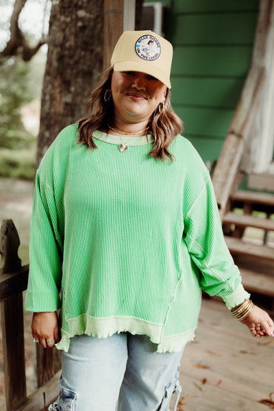 Green Ribbed Lettuce Trim Pullover