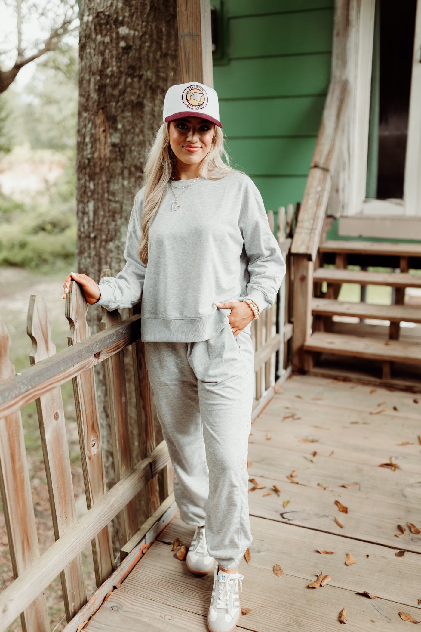 Grey French Terry Bow Embroidered Sweatshirt and Jogger Set