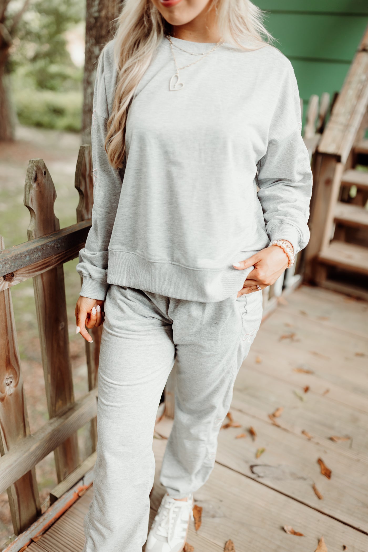 Grey French Terry Bow Embroidered Sweatshirt and Jogger Set