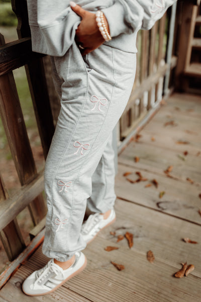 Grey French Terry Bow Embroidered Sweatshirt and Jogger Set