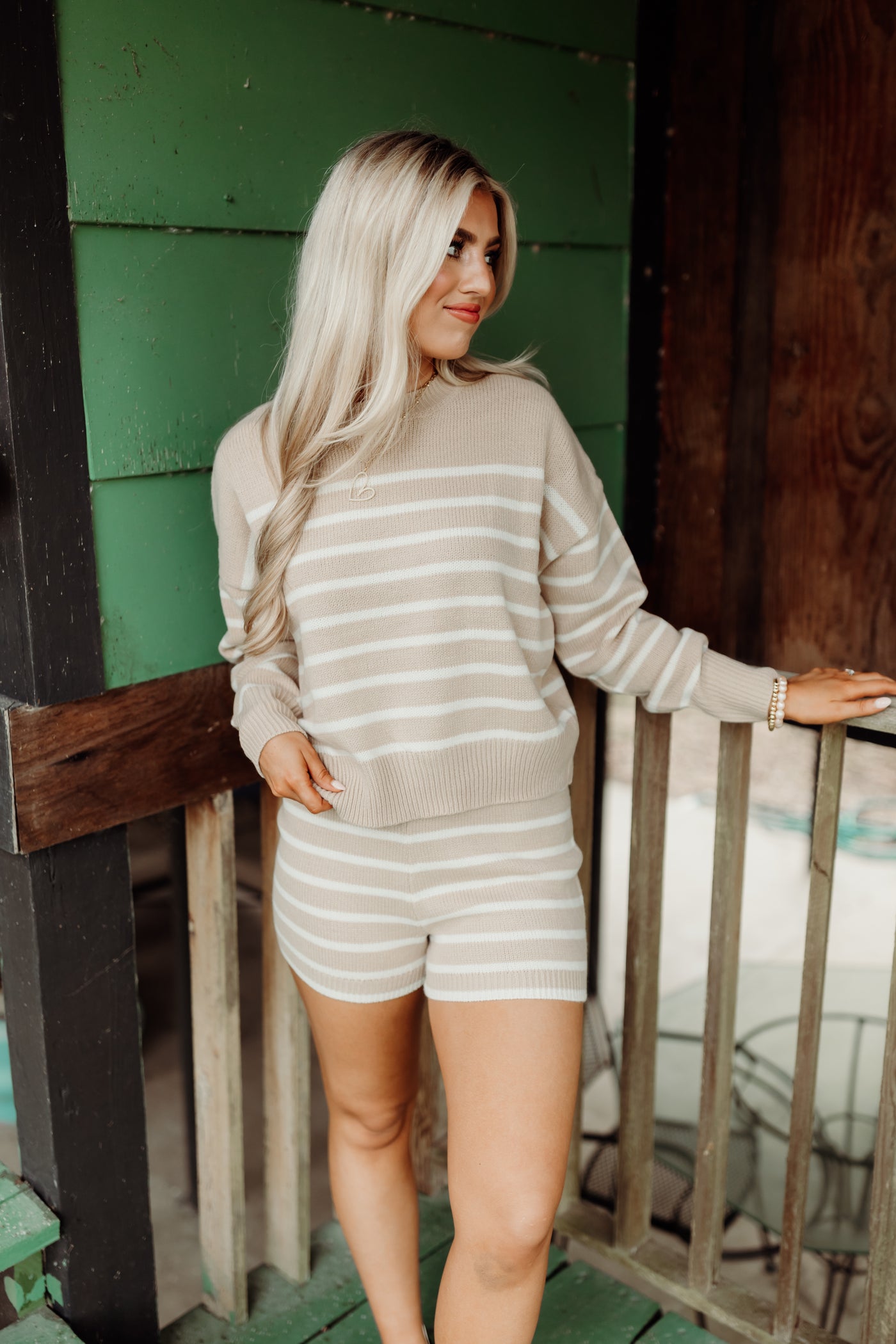 Taupe and Cream Crew Neck Sweater and Short Set