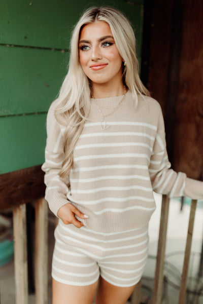 Taupe and Cream Crew Neck Sweater and Short Set