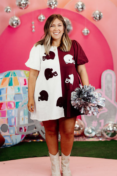 Maroon and White Terry Towel Helmet Puff Sleeve Dress