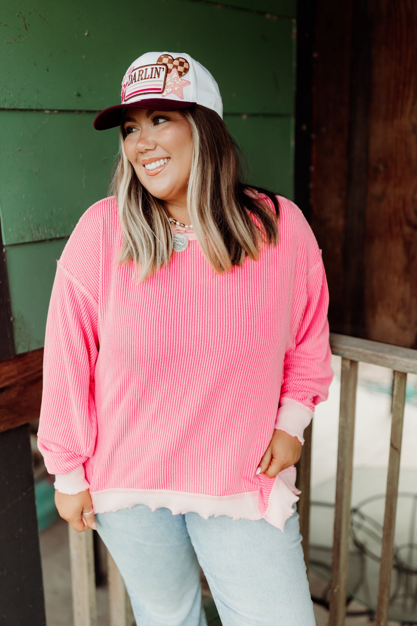 Coral Ribbed Lettuce Trim Pullover