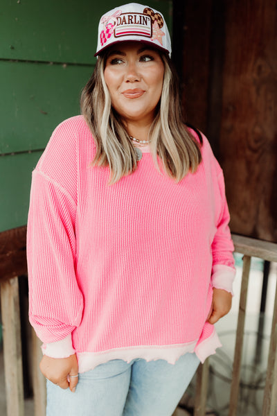 Coral Ribbed Lettuce Trim Pullover