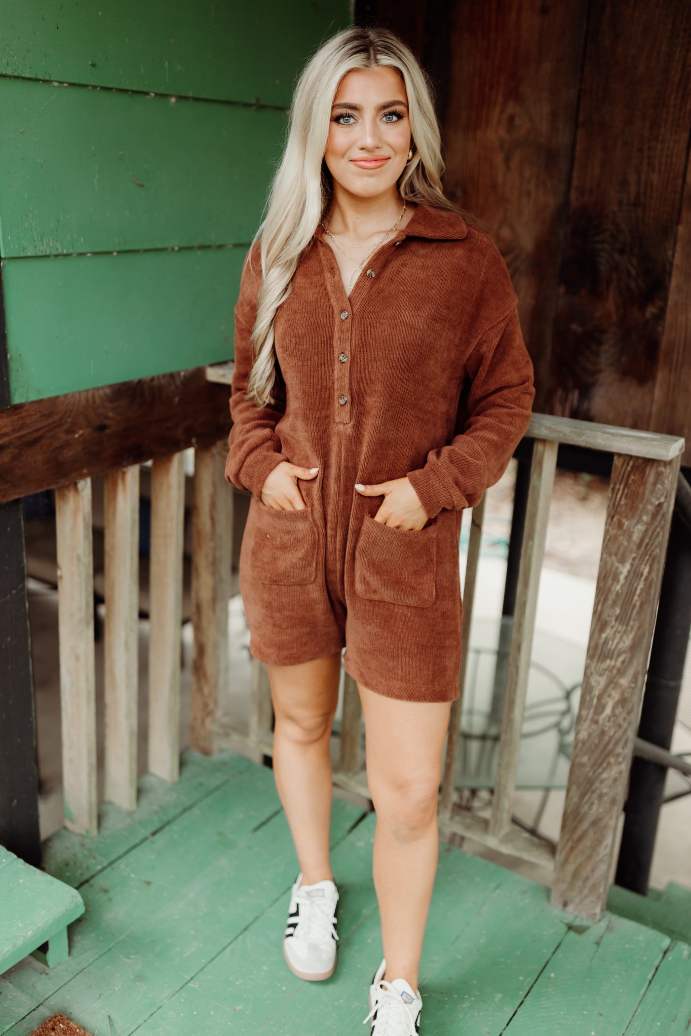 Chestnut Collared Half Button Romper