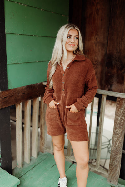 Chestnut Collared Half Button Romper