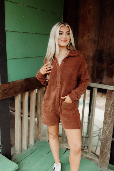 Chestnut Collared Half Button Romper