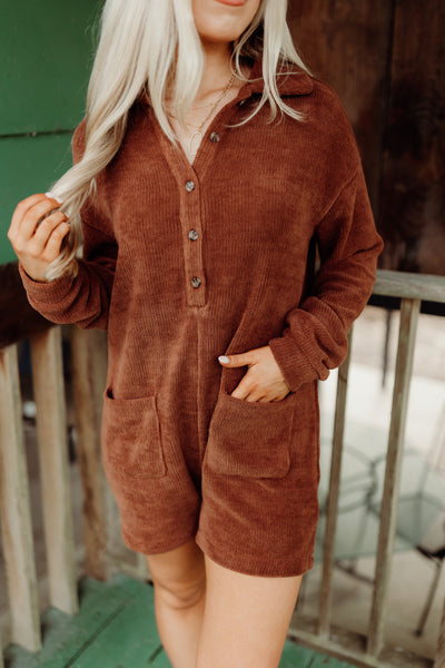 Chestnut Collared Half Button Romper