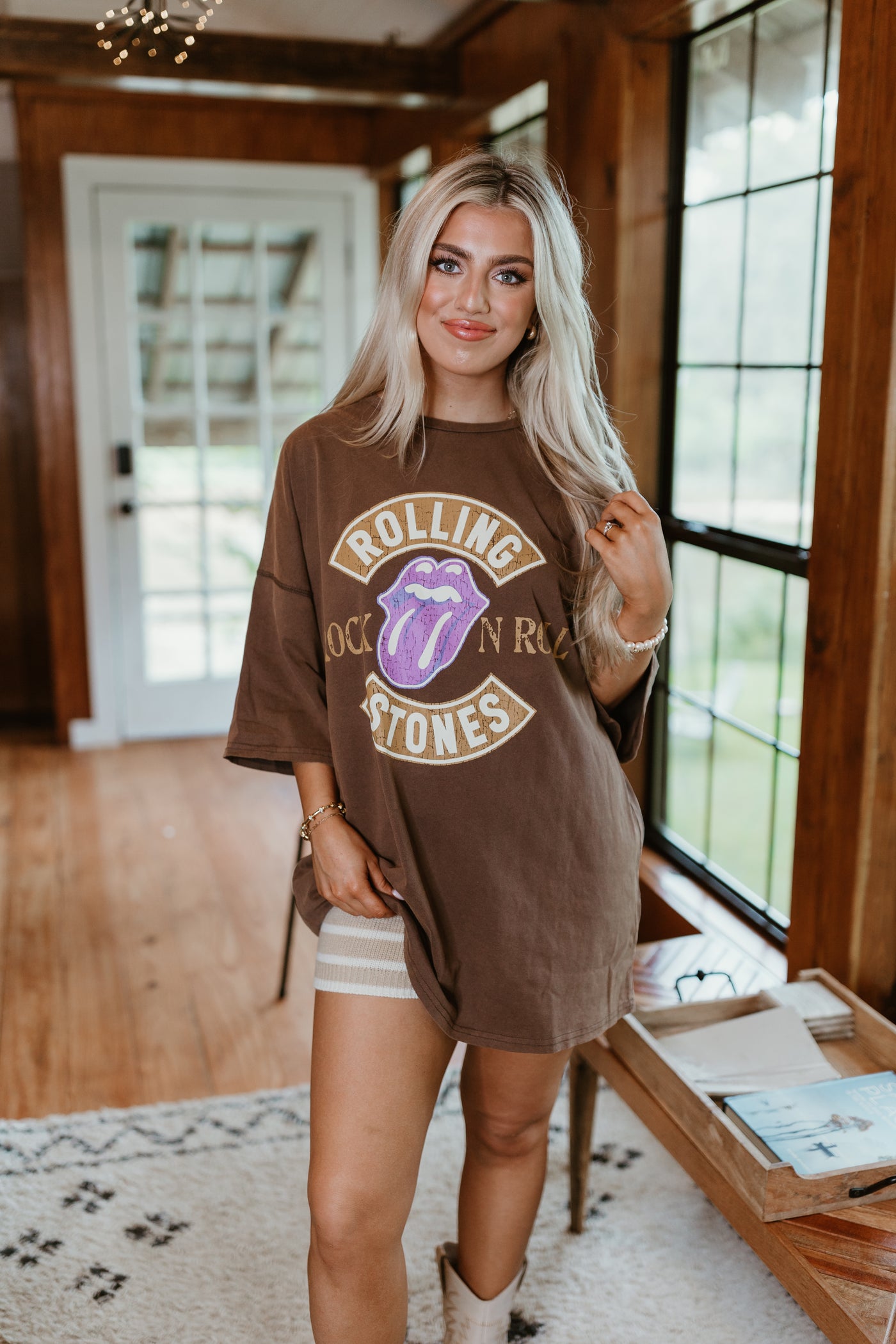 Brown Mineral Washed Rolling Stones Rock N Roll Tee