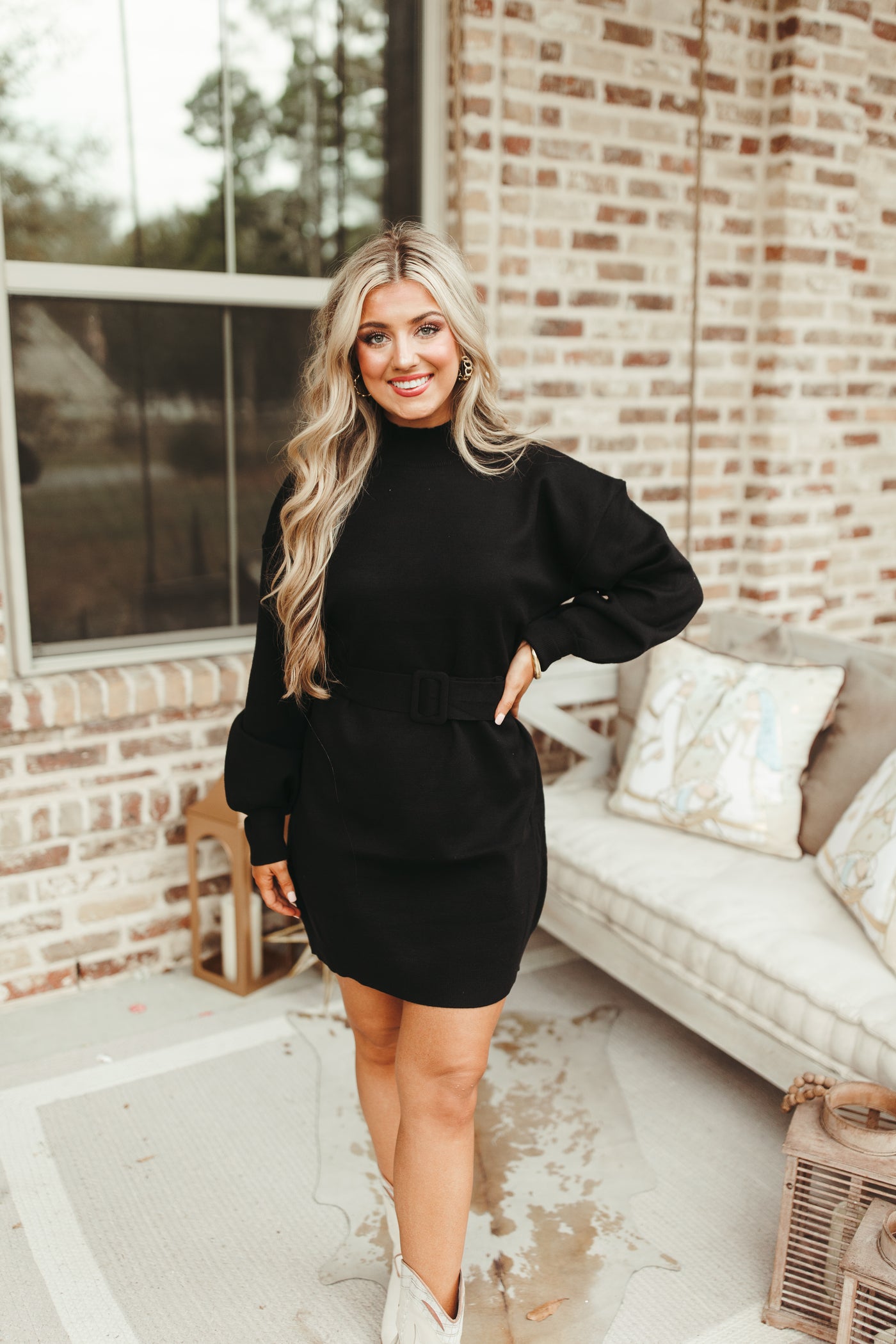 Black Mock Neck Belted Sweater Dress