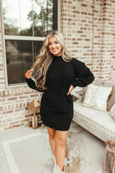 Black Mock Neck Belted Sweater Dress