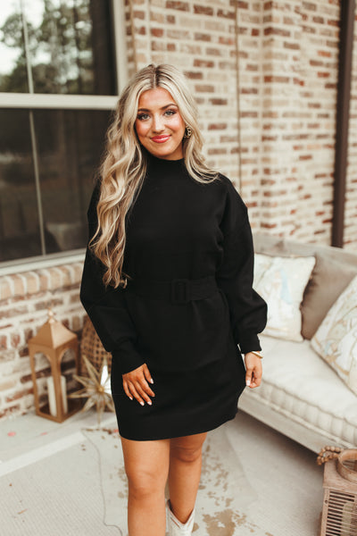 Black Mock Neck Belted Sweater Dress