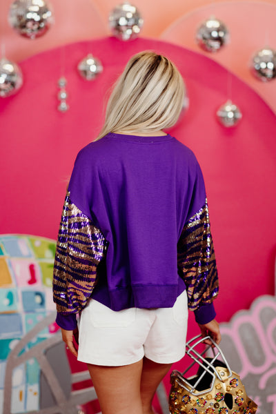 Mary Square Millie Sequin Stripe Sweatshirt in Purple/Gold