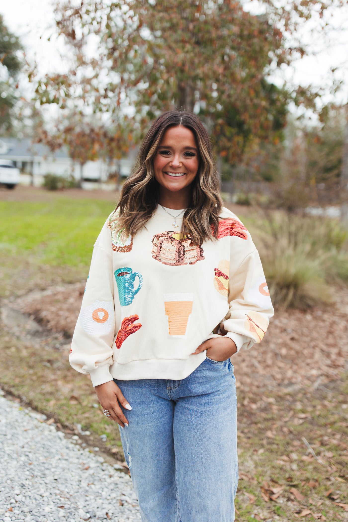 Queen Of Sparkles Beige Queen of Breakfast Sweatshirt