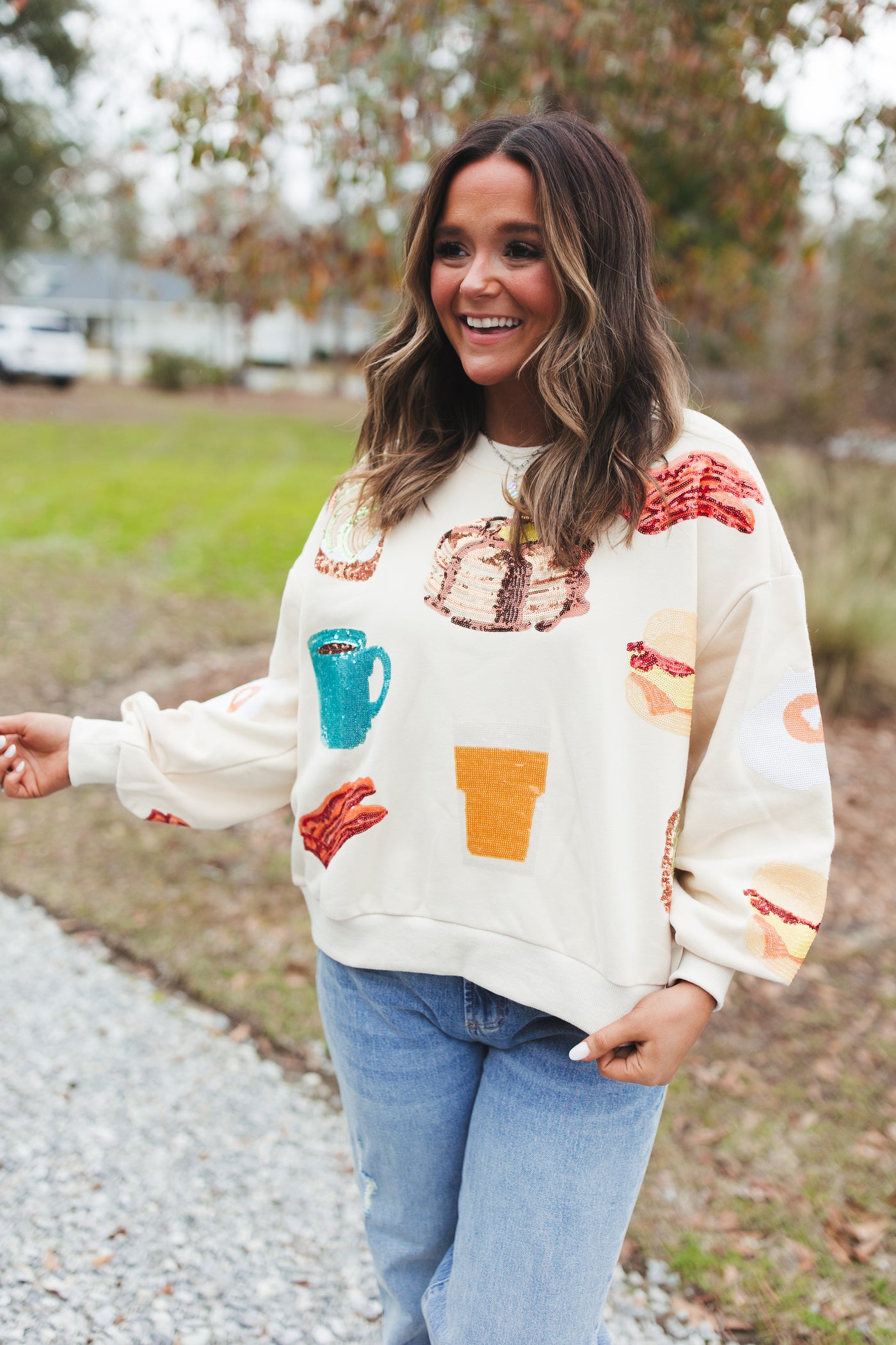 Queen Of Sparkles Beige Queen of Breakfast Sweatshirt