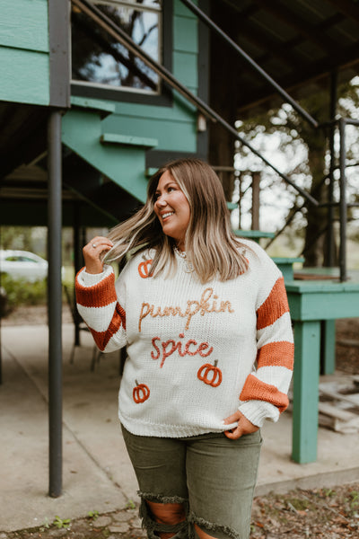 Ivory and Rust Pumpkin Spice Striped Sleeve Sweater