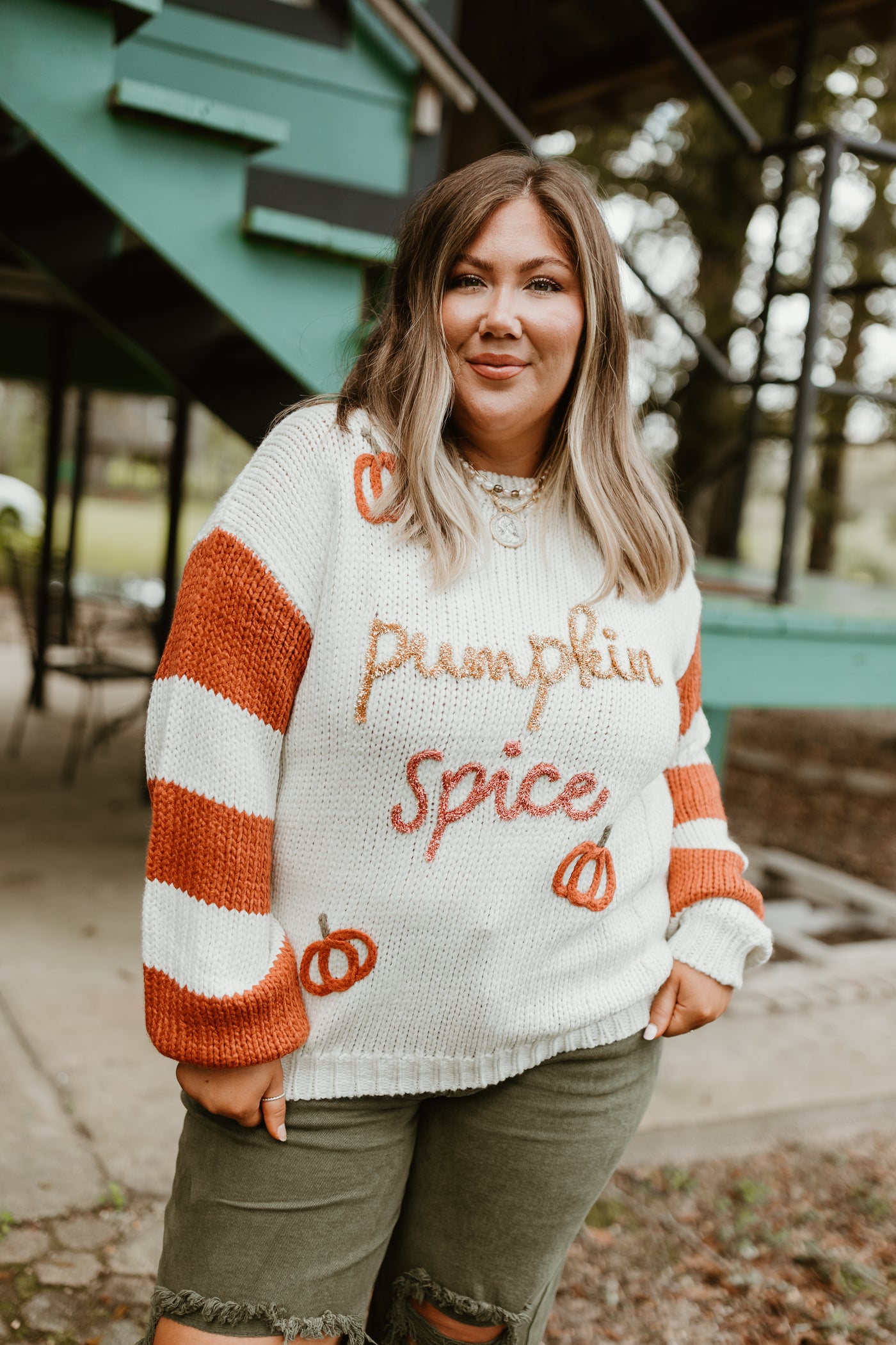 Ivory and Rust Pumpkin Spice Striped Sleeve Sweater