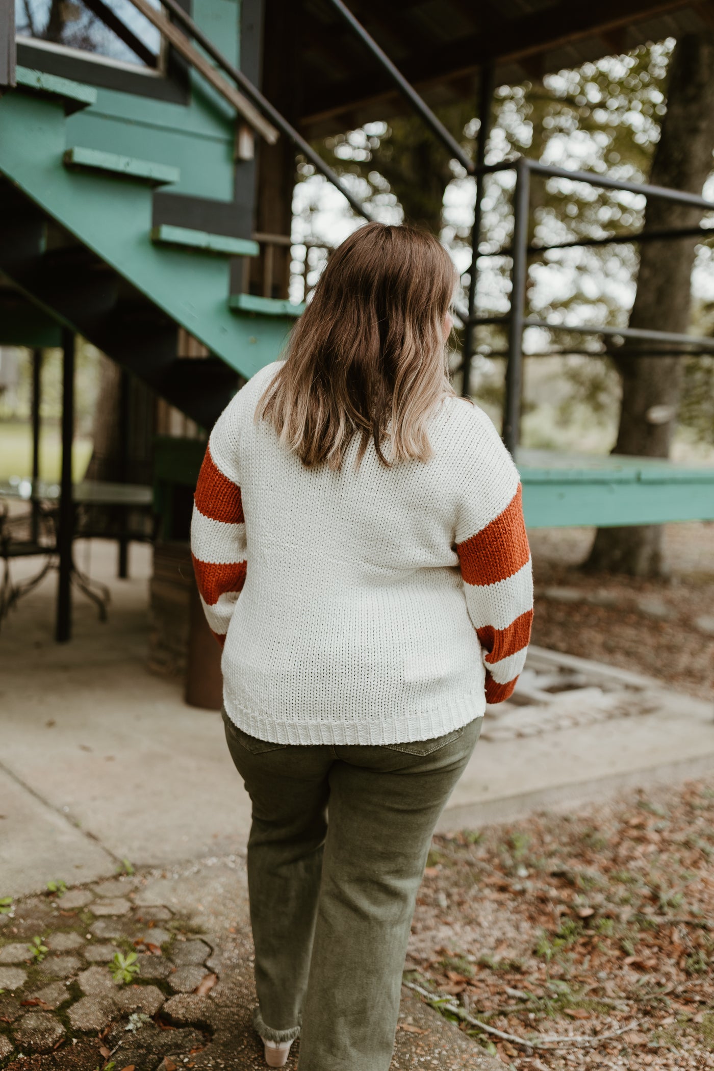 Ivory and Rust Pumpkin Spice Striped Sleeve Sweater