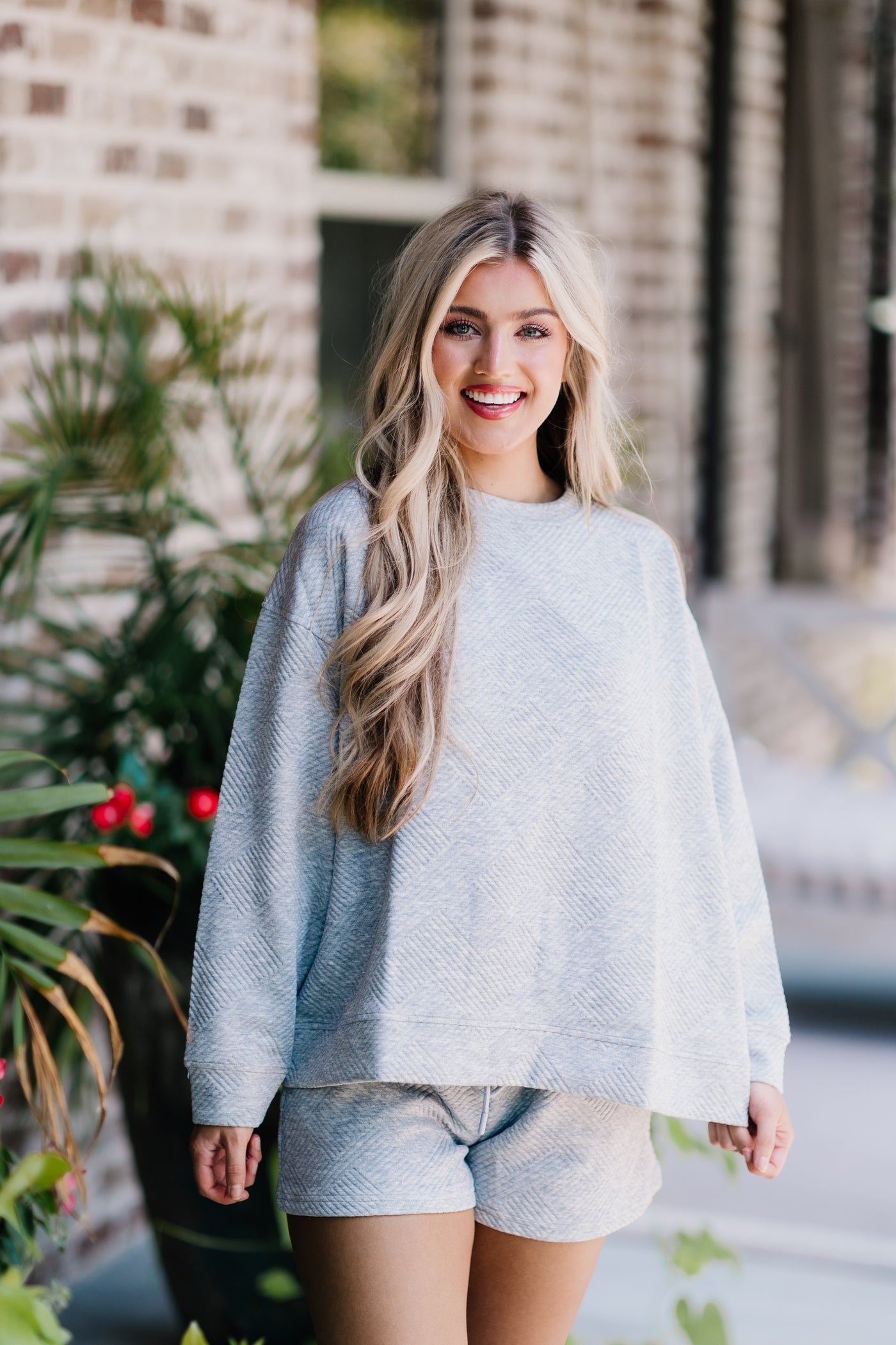 Grey Textured Lounge Pullover and Short Set