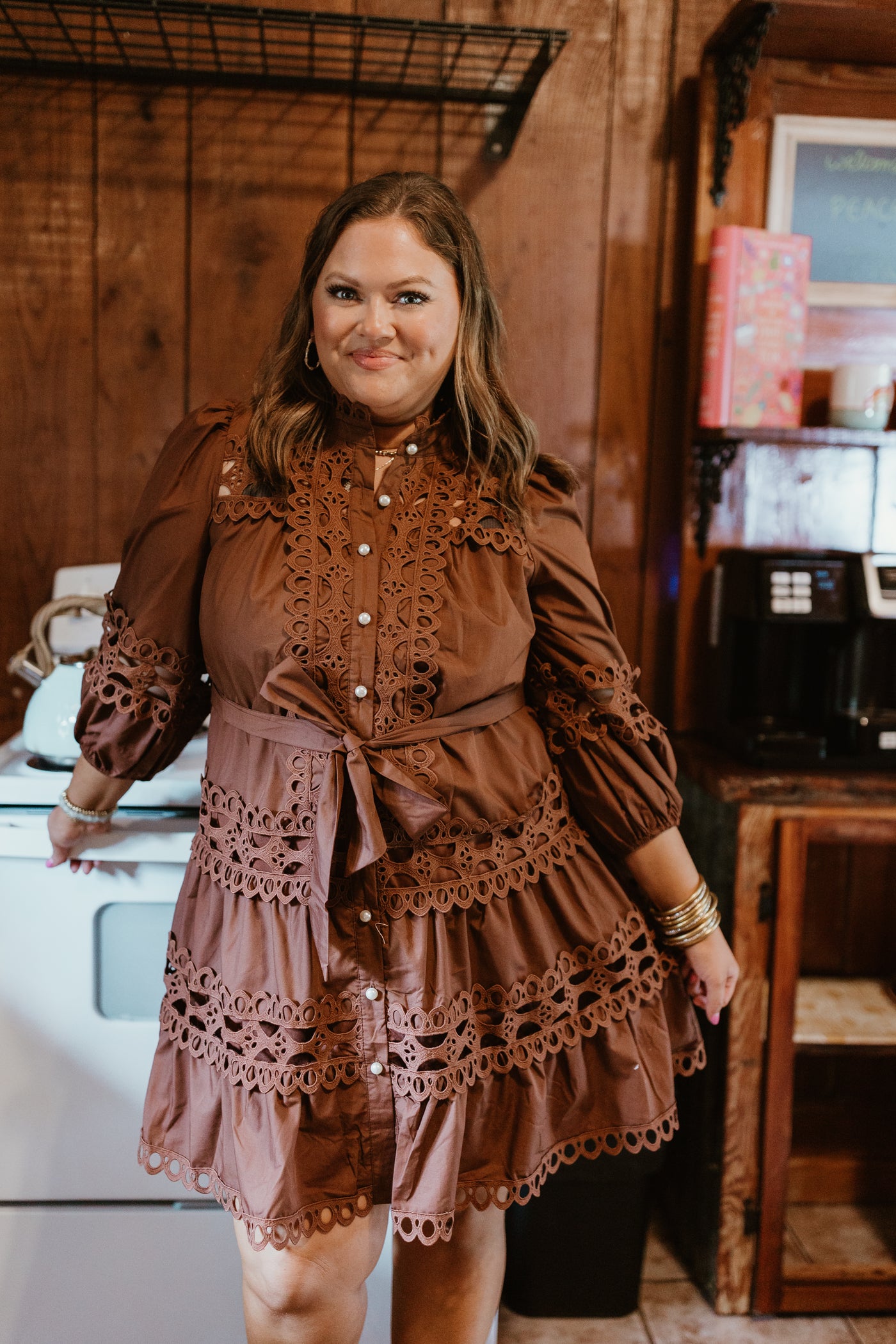 Brown Lace Detail Pearl Button Down Dress