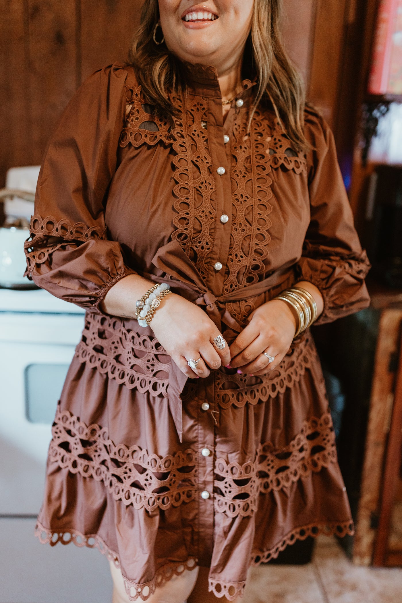 Brown Lace Detail Pearl Button Down Dress