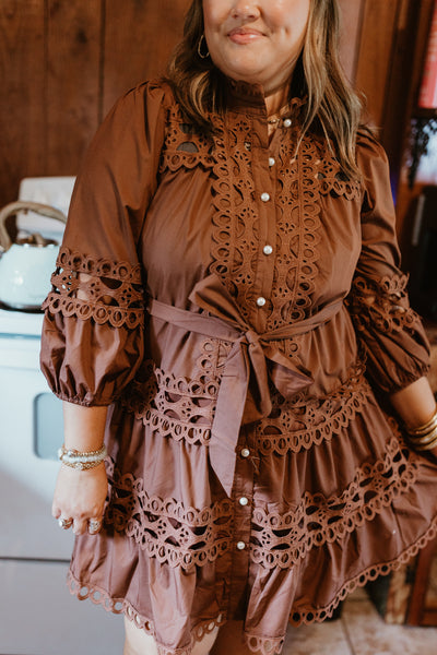 Brown Lace Detail Pearl Button Down Dress