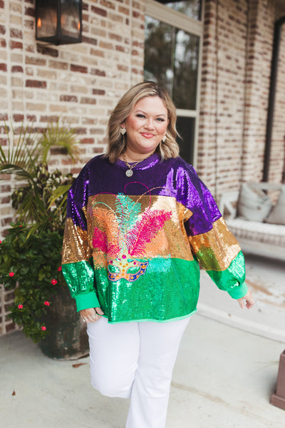 Queen Of Sparkles Mardi Gras Stripe Sequin Mask Sweatshirt