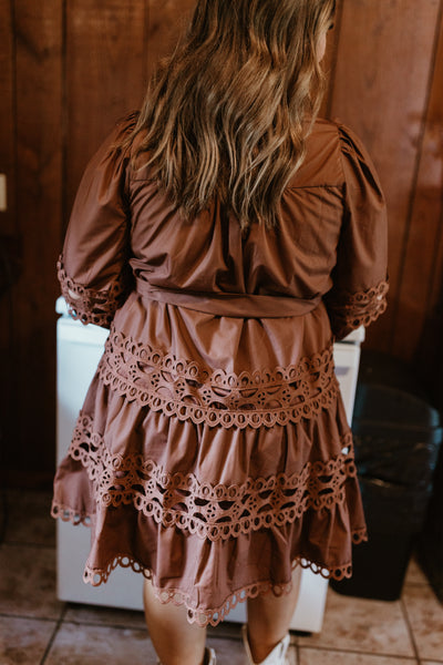 Brown Lace Detail Pearl Button Down Dress