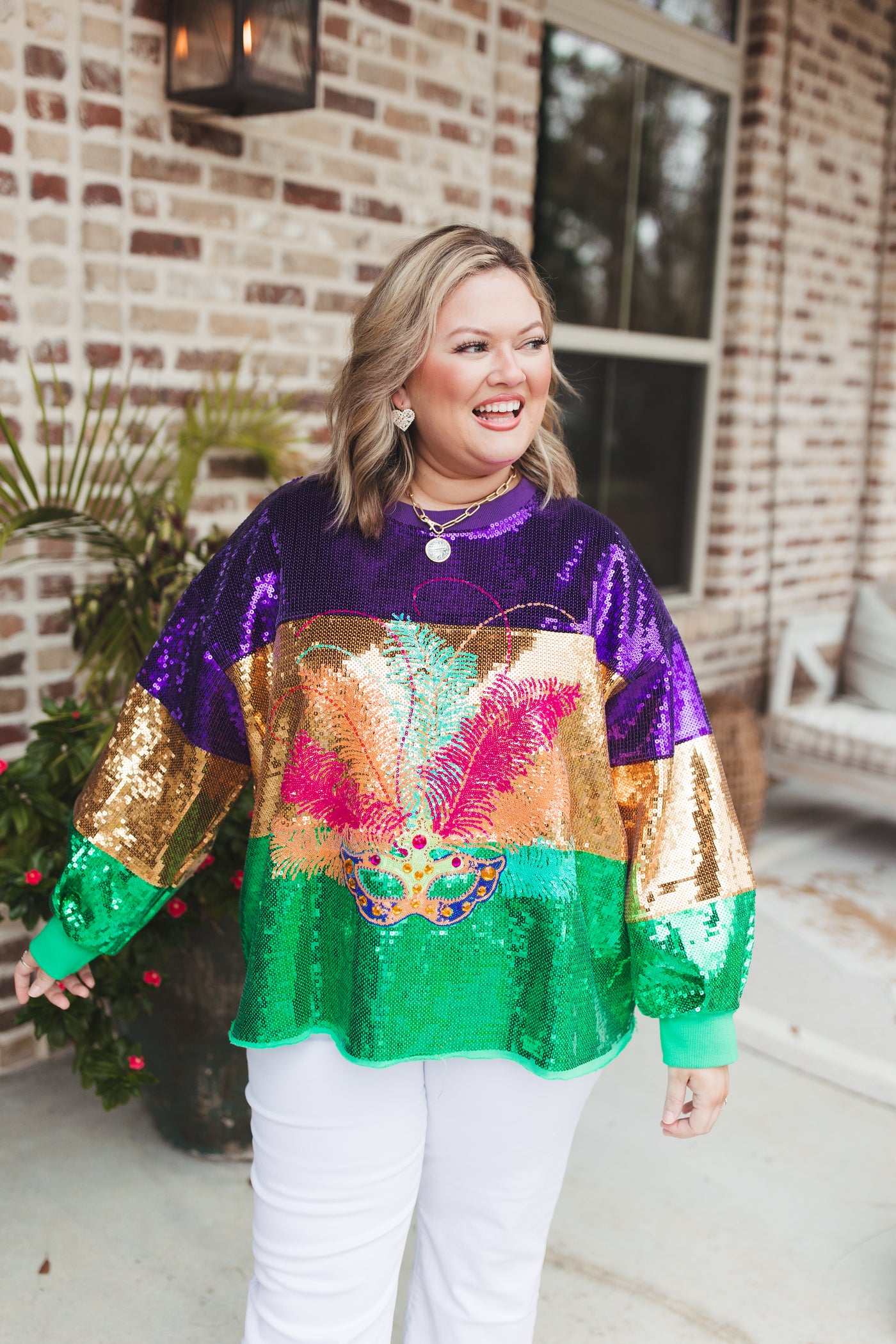 Queen Of Sparkles Mardi Gras Stripe Sequin Mask Sweatshirt