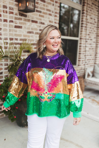 Queen Of Sparkles Mardi Gras Stripe Sequin Mask Sweatshirt