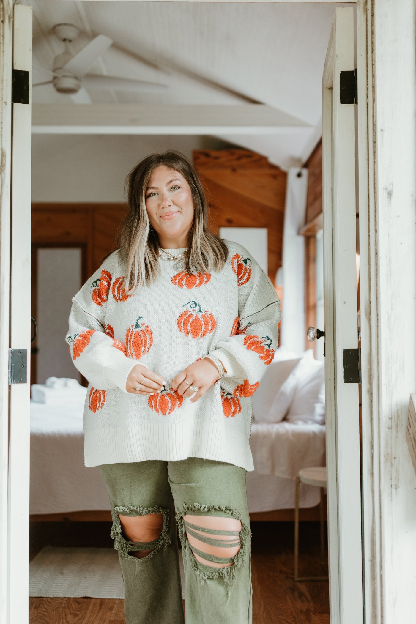 Cream and Orange Pumpkins All Over Sweater