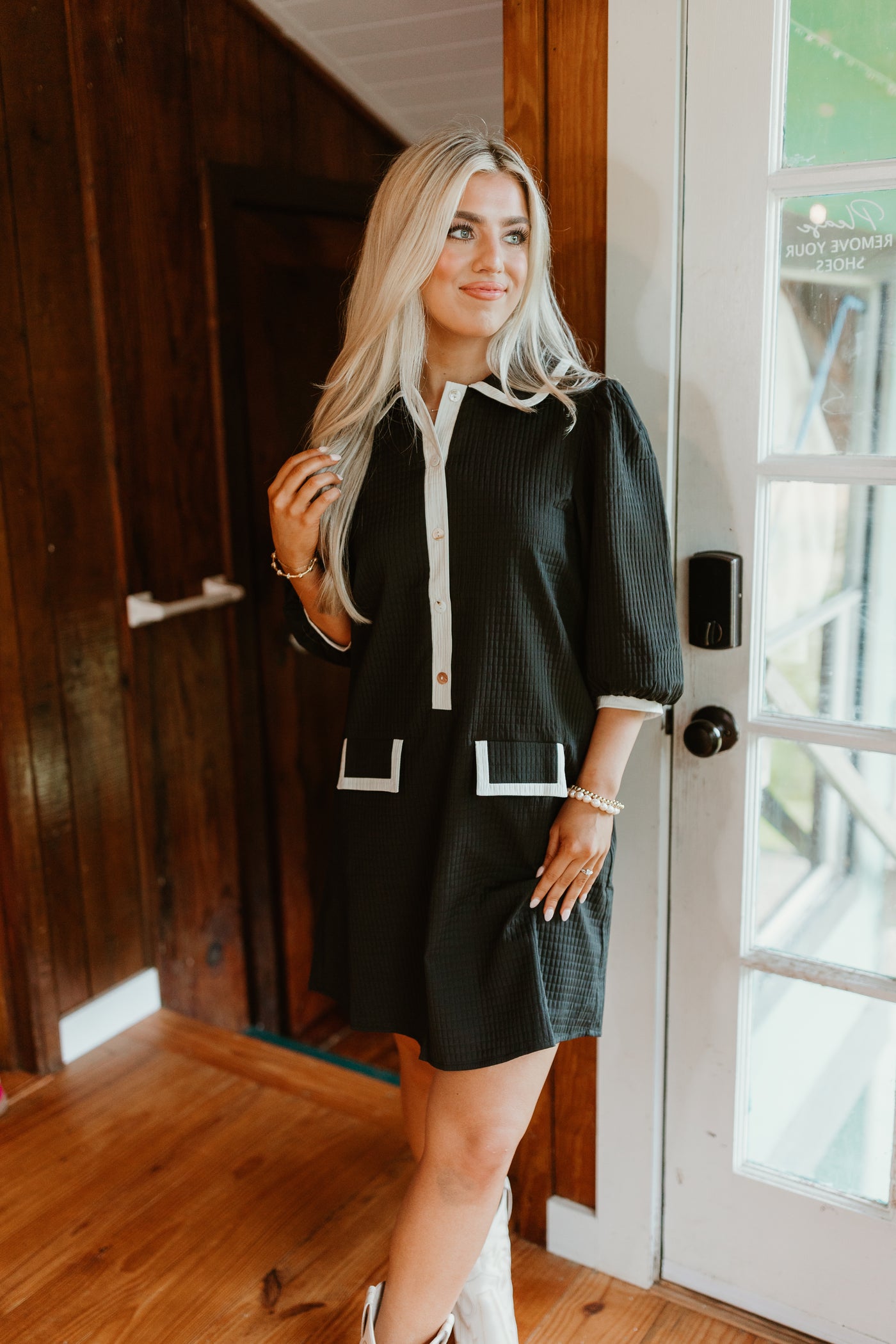 Black Cream Lined Textured Collared Pocket Dress